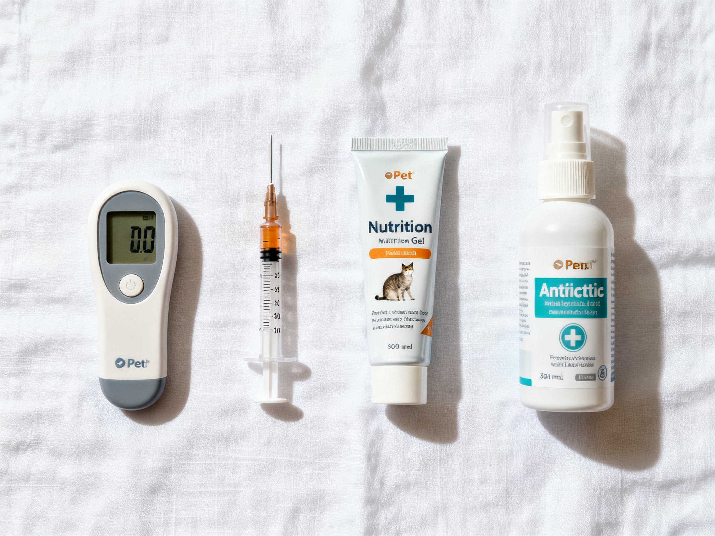 整齐排列的猫咪急救用品：温度计、注射器、纱布、营养膏——提前准备急救小药箱是每位猫主人的必修课