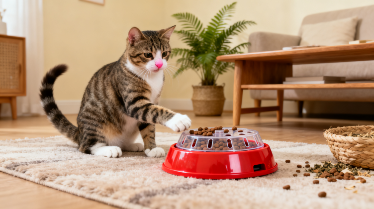 猫咪专注使用益智喂食器取食——益智喂食器是替代普通碗的重要丰容工具