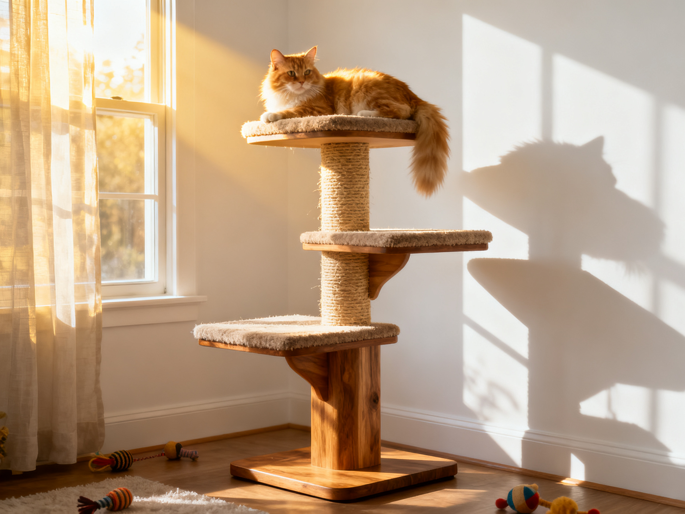 高大稳固的猫爬架靠近窗户——充足的垂直空间是室内猫最重要的居住需求