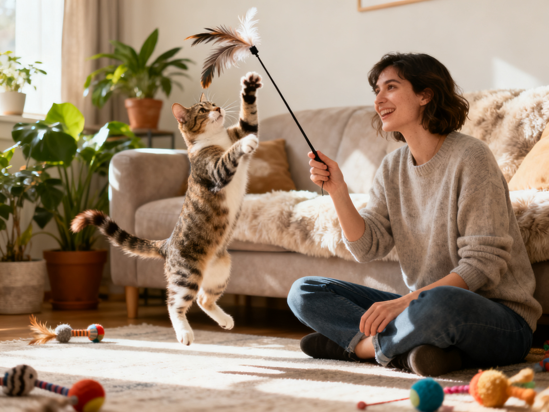 主人用逗猫棒与猫咪互动——每天固定的互动玩耍是维持猫咪心理健康的关键