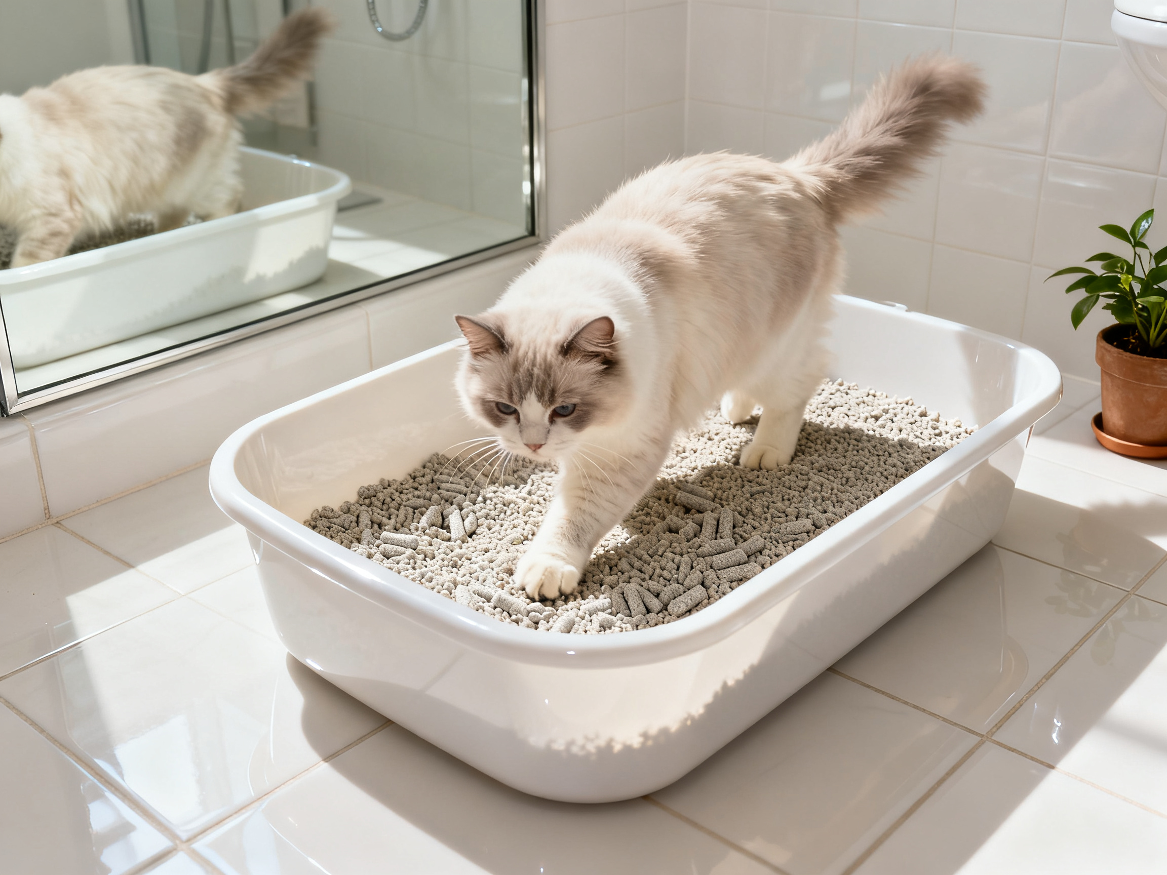 猫咪走进摆放整洁的猫砂盆，准备使用——提供合适的猫砂是确保猫咪愿意规律如厕的关键