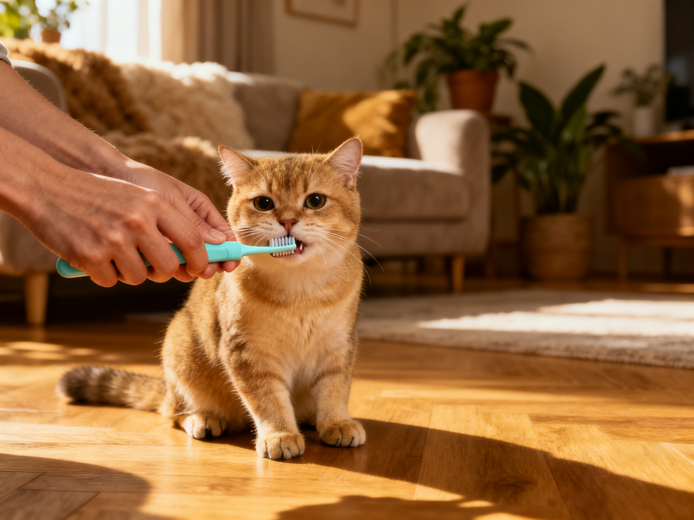 主人给猫咪刷牙——耐心训练是关键