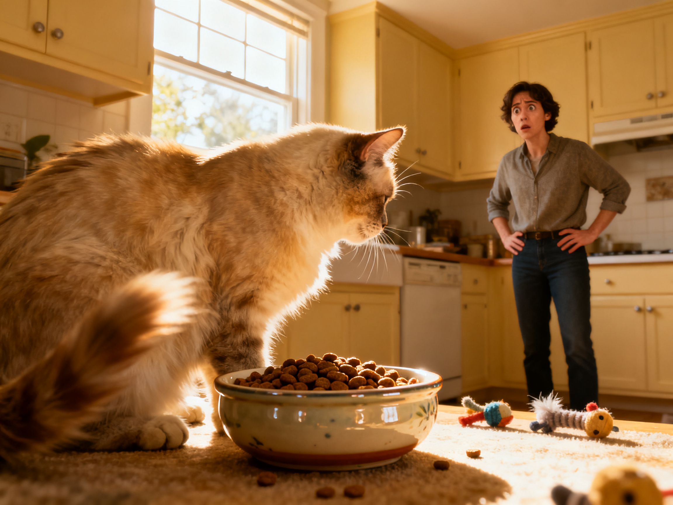 猫咪背对食盆转身走开，主人困惑地看着——找准挑食原因是解决问题的第一步