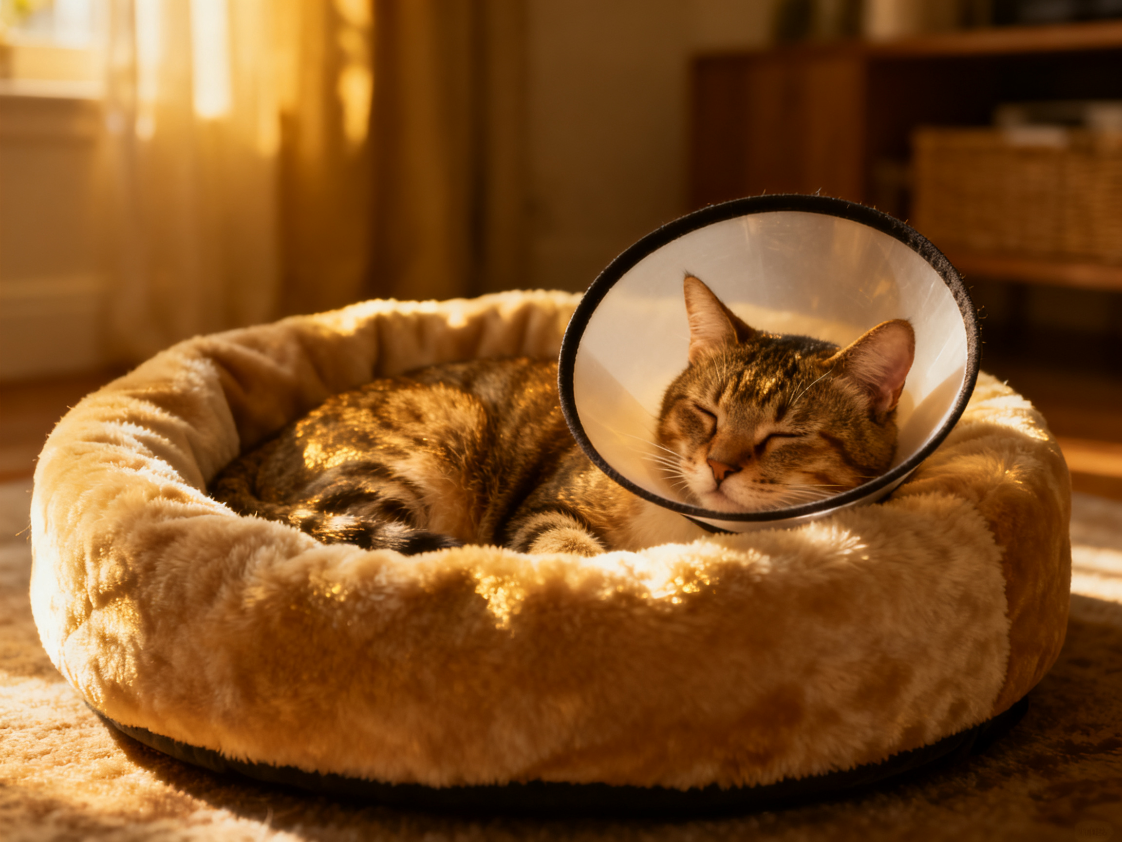 猫咪戴着伊丽莎白圈在柔软猫床上休息——e-collar是防止舔舐伤口的重要术后工具