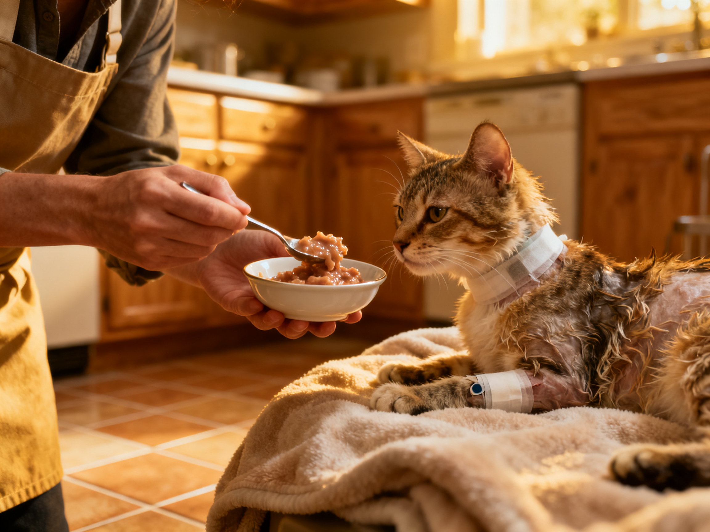 主人给正在恢复中的猫咪喂食湿粮——绝育后营养管理对长期健康至关重要