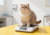 兽医为橘猫称体重并检查体况，评估是否超重——定期体况评估是保持猫咪健康体重的第一步
