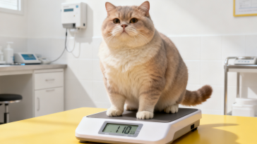 兽医为橘猫称体重并检查体况，评估是否超重——定期体况评估是保持猫咪健康体重的第一步