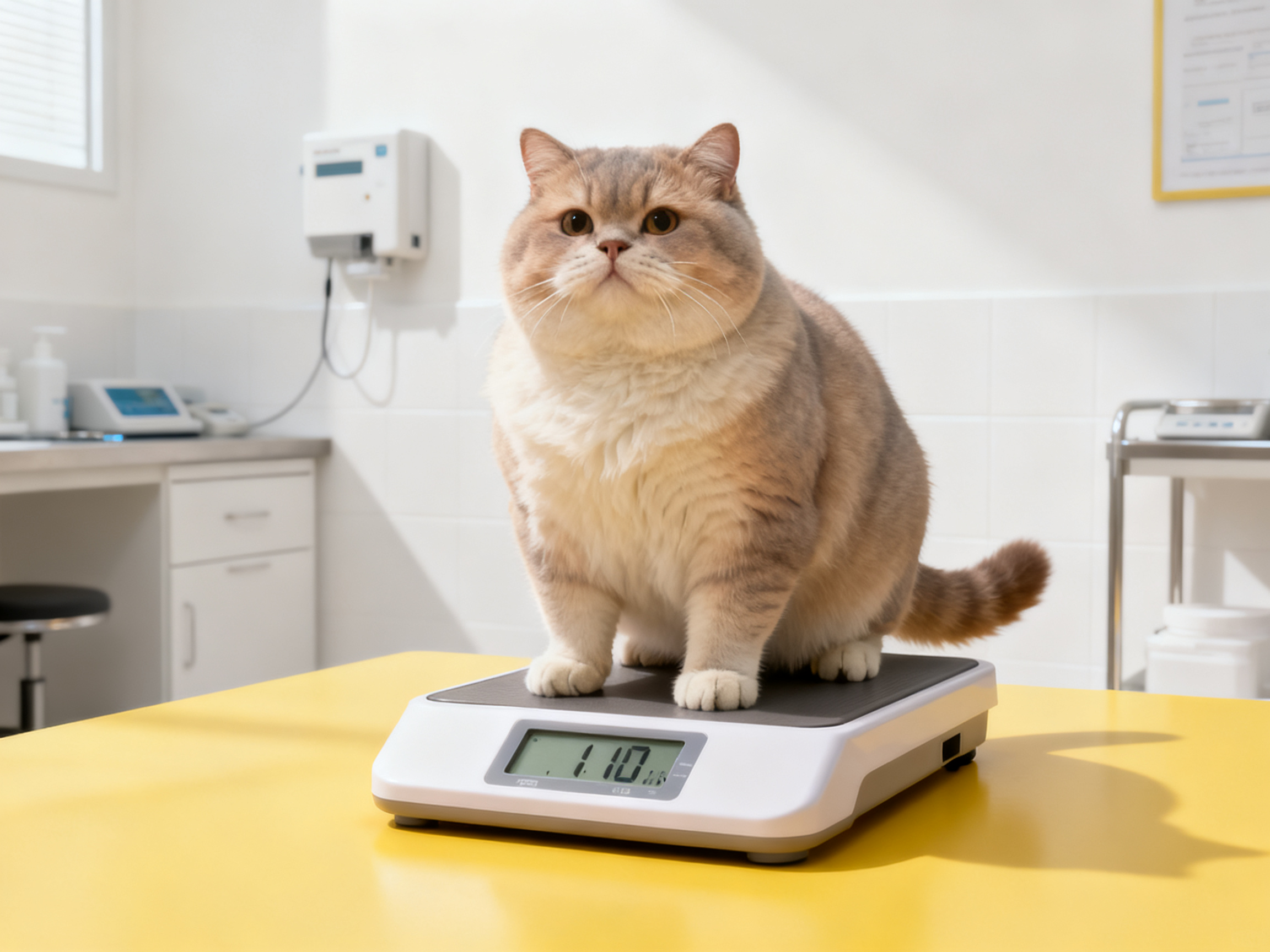 兽医为橘猫称体重并检查体况，评估是否超重——定期体况评估是保持猫咪健康体重的第一步