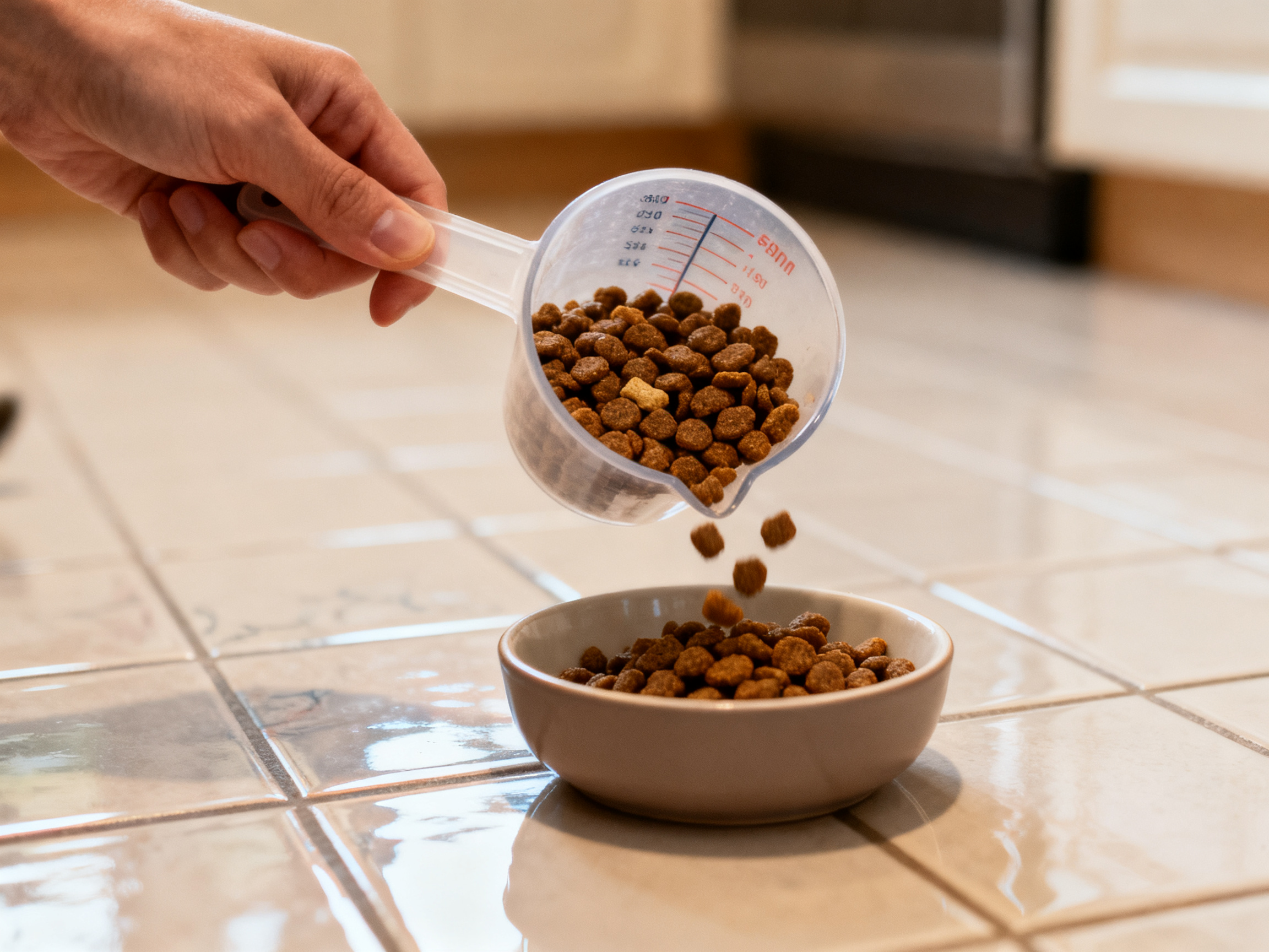 主人用量杯精确量取猫粮分量，控制热量摄入——定量喂食是猫咪科学减重的核心步骤
