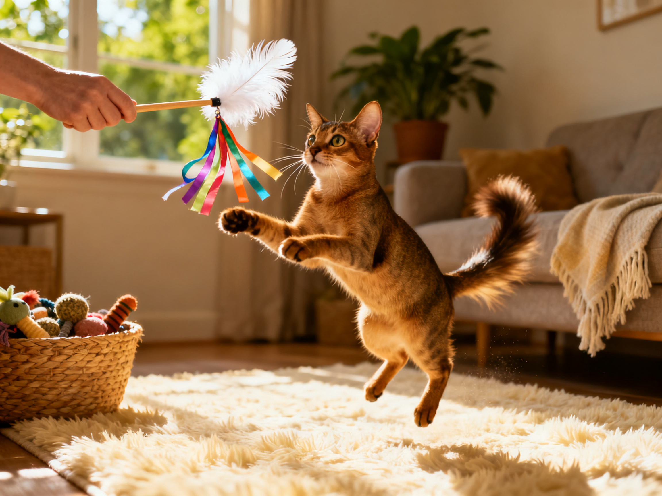 猫咪专注追逐羽毛逗猫棒，活力四射——每天互动玩耍是帮猫咪减重和保持身心健康的最好方式