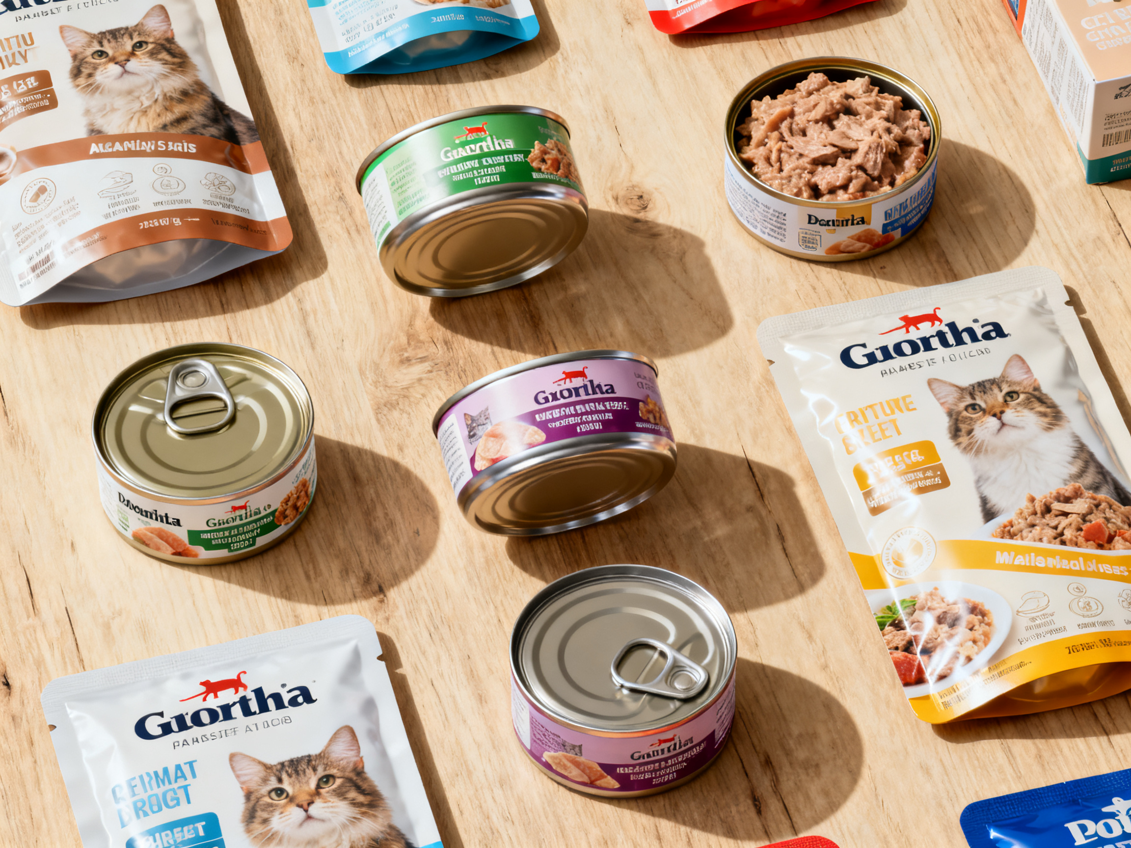 多款不同品牌的猫咪湿粮罐头和软包整齐排列——市面上湿粮品类繁多，需要学会辨别质量
