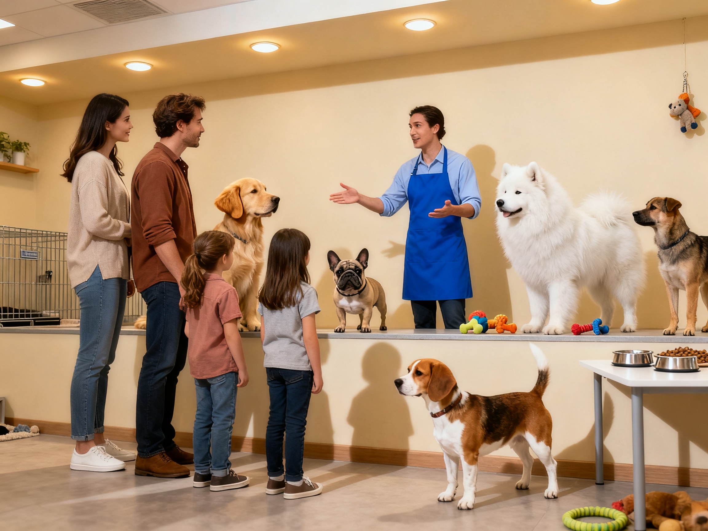 一家人在宠物店或犬舍与不同品种的狗狗互动，认真选择合适的品种——选狗是一个需要慎重考虑的家庭决定