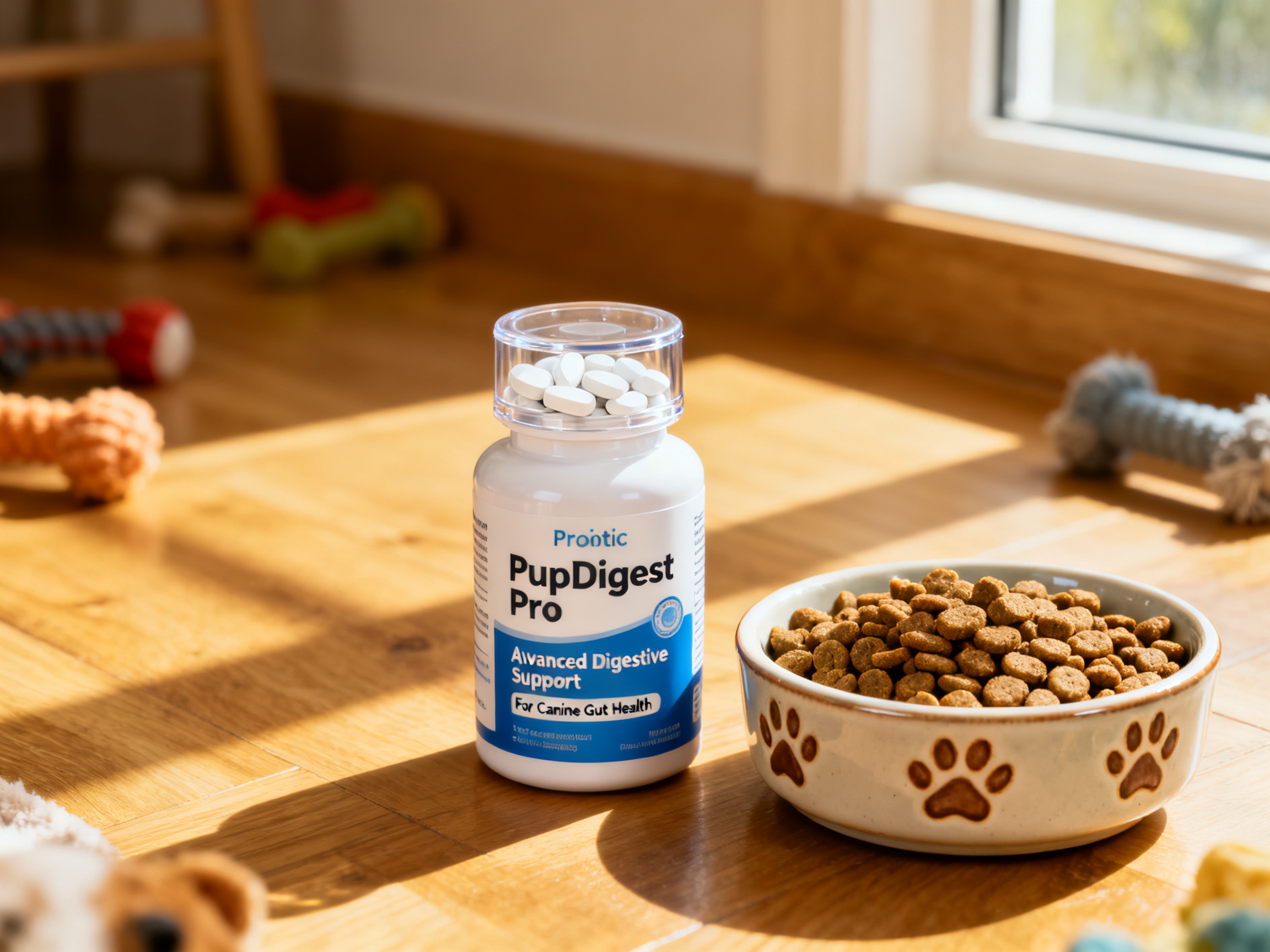 犬用益生菌粉末和宠物零食摆放在一起——益生菌在特定场景下对狗狗肠胃健康有积极作用