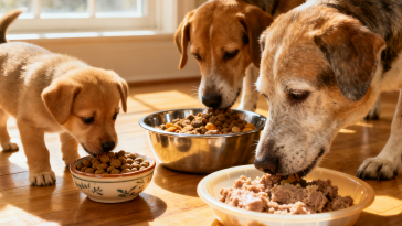 不同年龄的狗狗——幼犬、成犬、老年犬各自吃着适合自身阶段的食物，体现科学分龄喂食理念