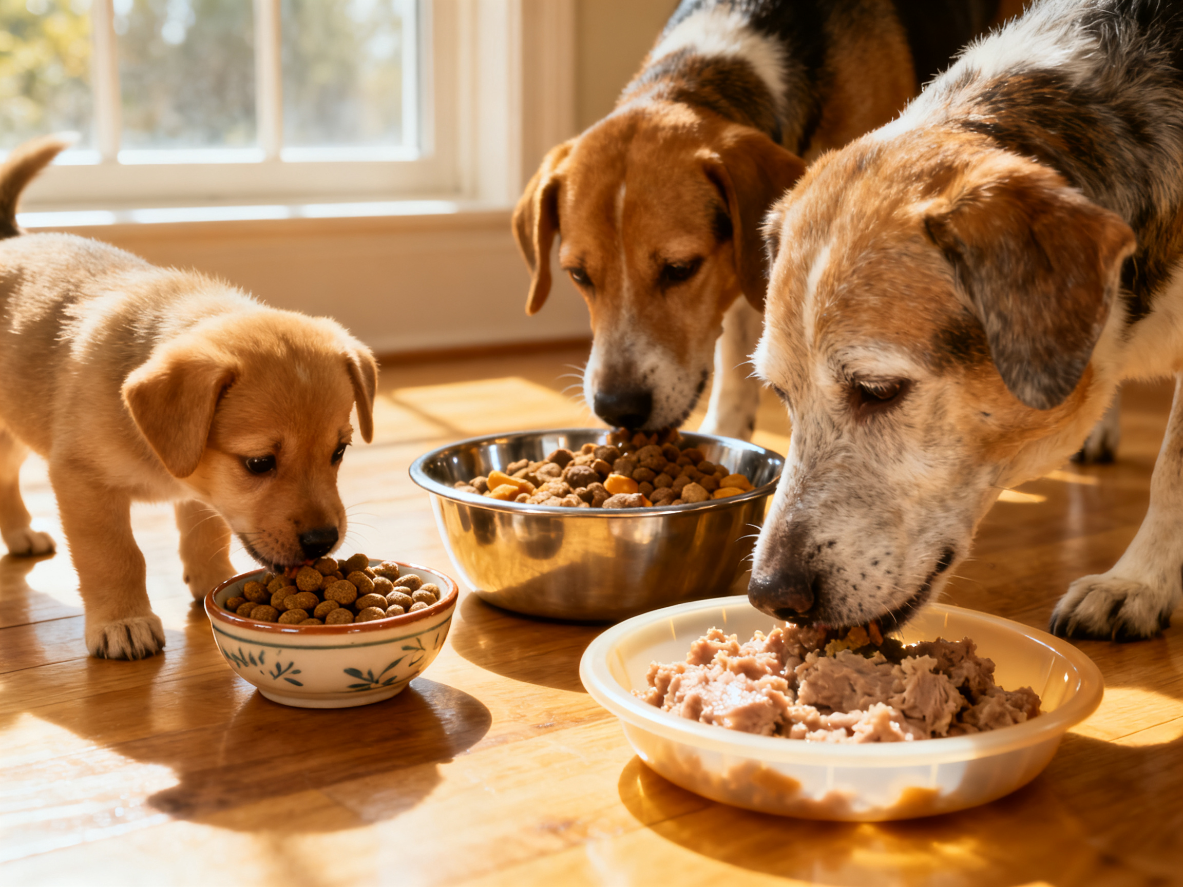 不同年龄的狗狗——幼犬、成犬、老年犬各自吃着适合自身阶段的食物，体现科学分龄喂食理念