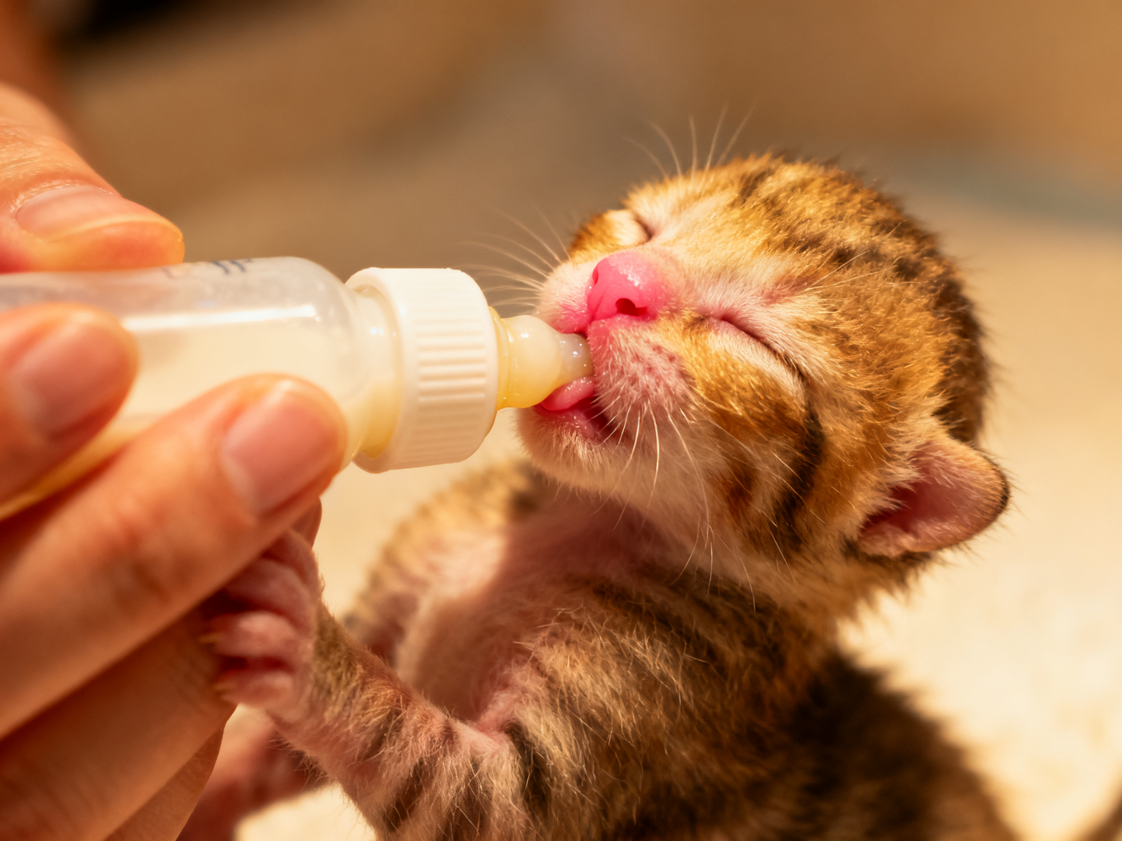 爱心人士用猫咪专用奶瓶给小奶猫喂食——正确的奶瓶喂食姿势是幼猫存活的关键