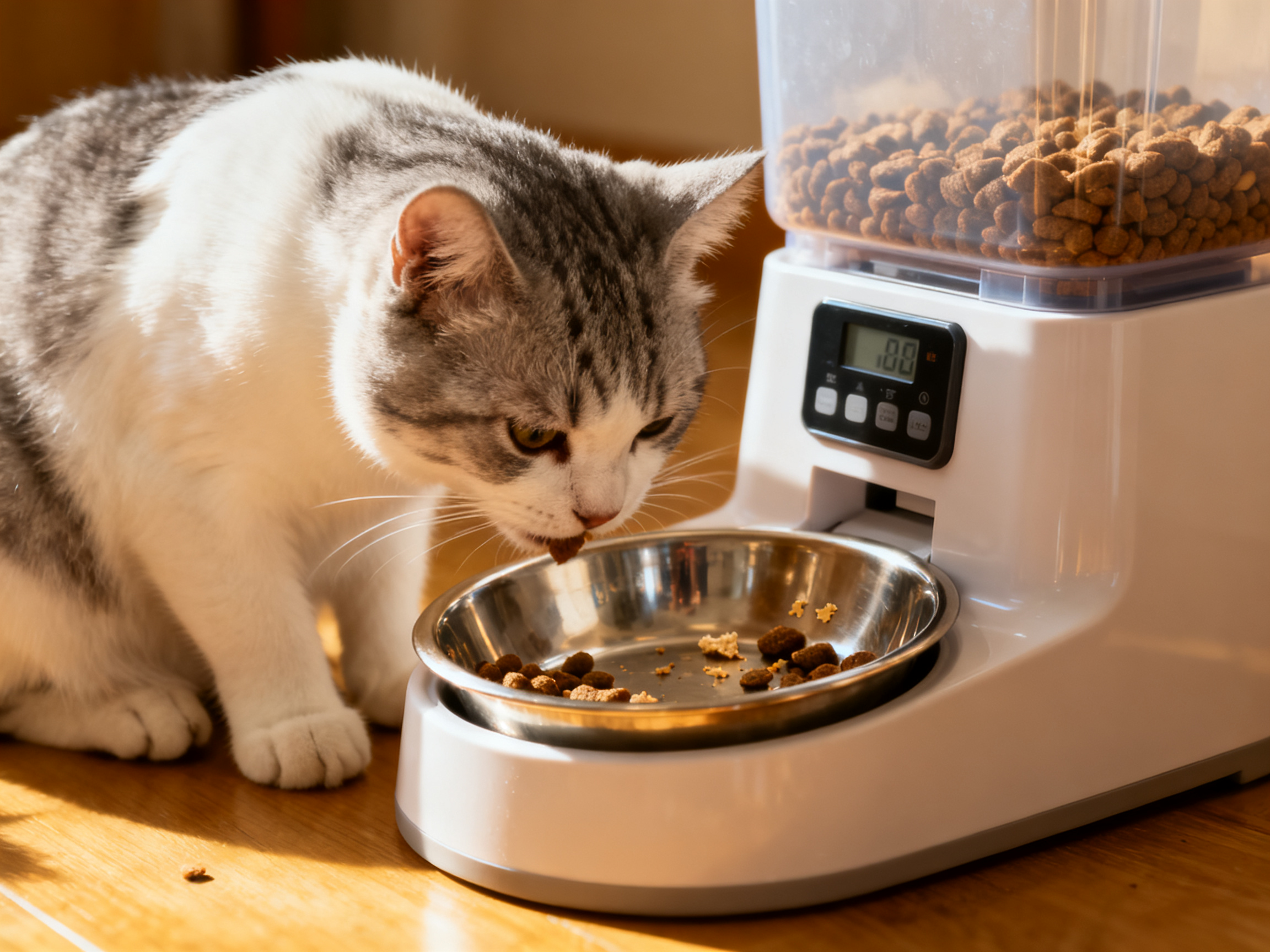 猫咪正在使用自动喂食器进食——便捷喂养新体验
