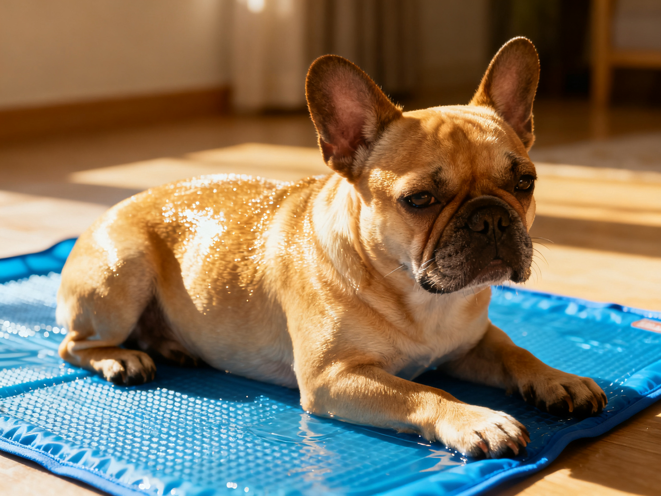 法斗在凉爽地板上趴着散热——短鼻犬种尤其需要关注降温问题