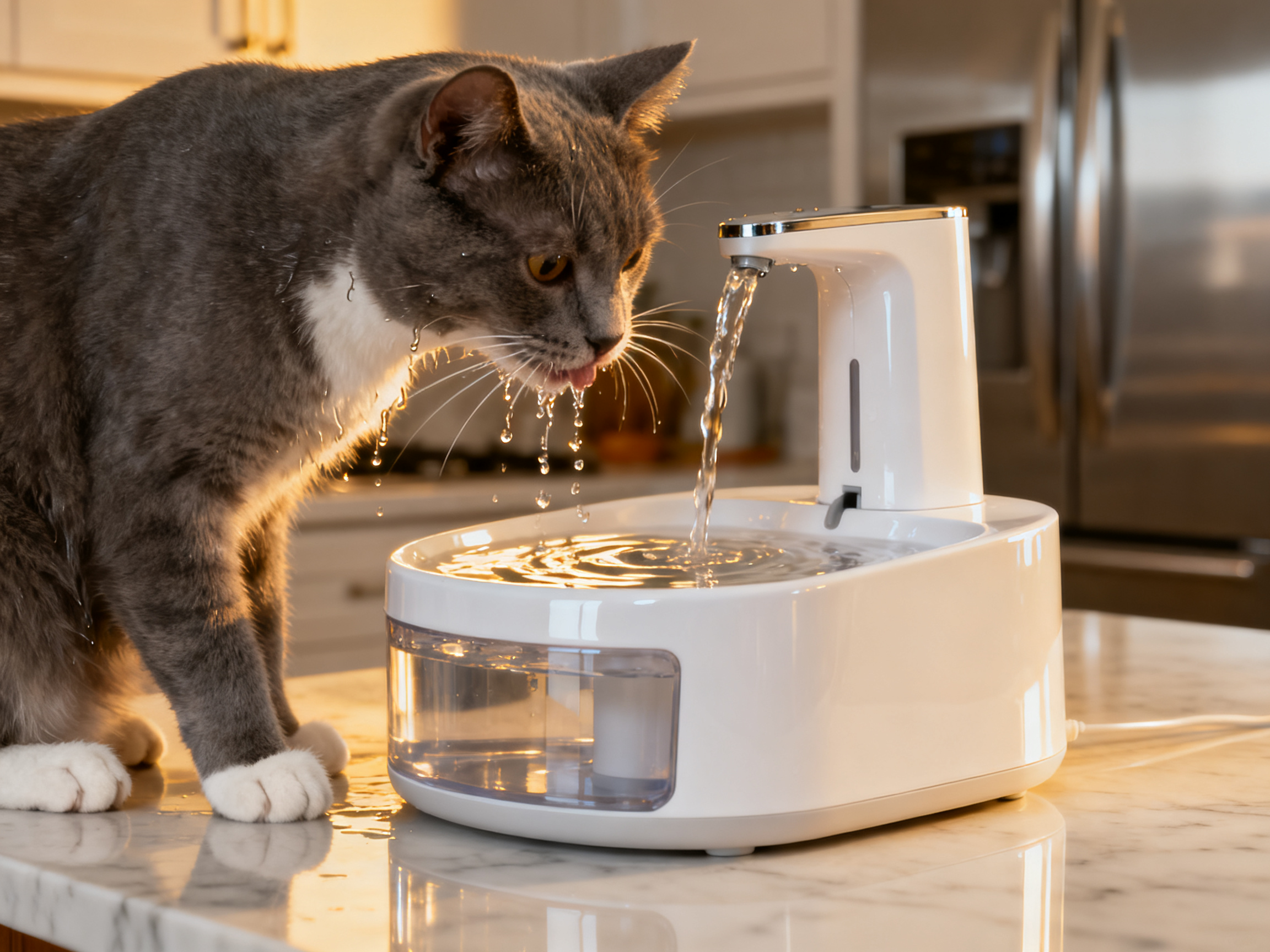 猫咪从宽口浅底的白色陶瓷碗中进食——宽口浅碗可以避免猫须疲劳问题