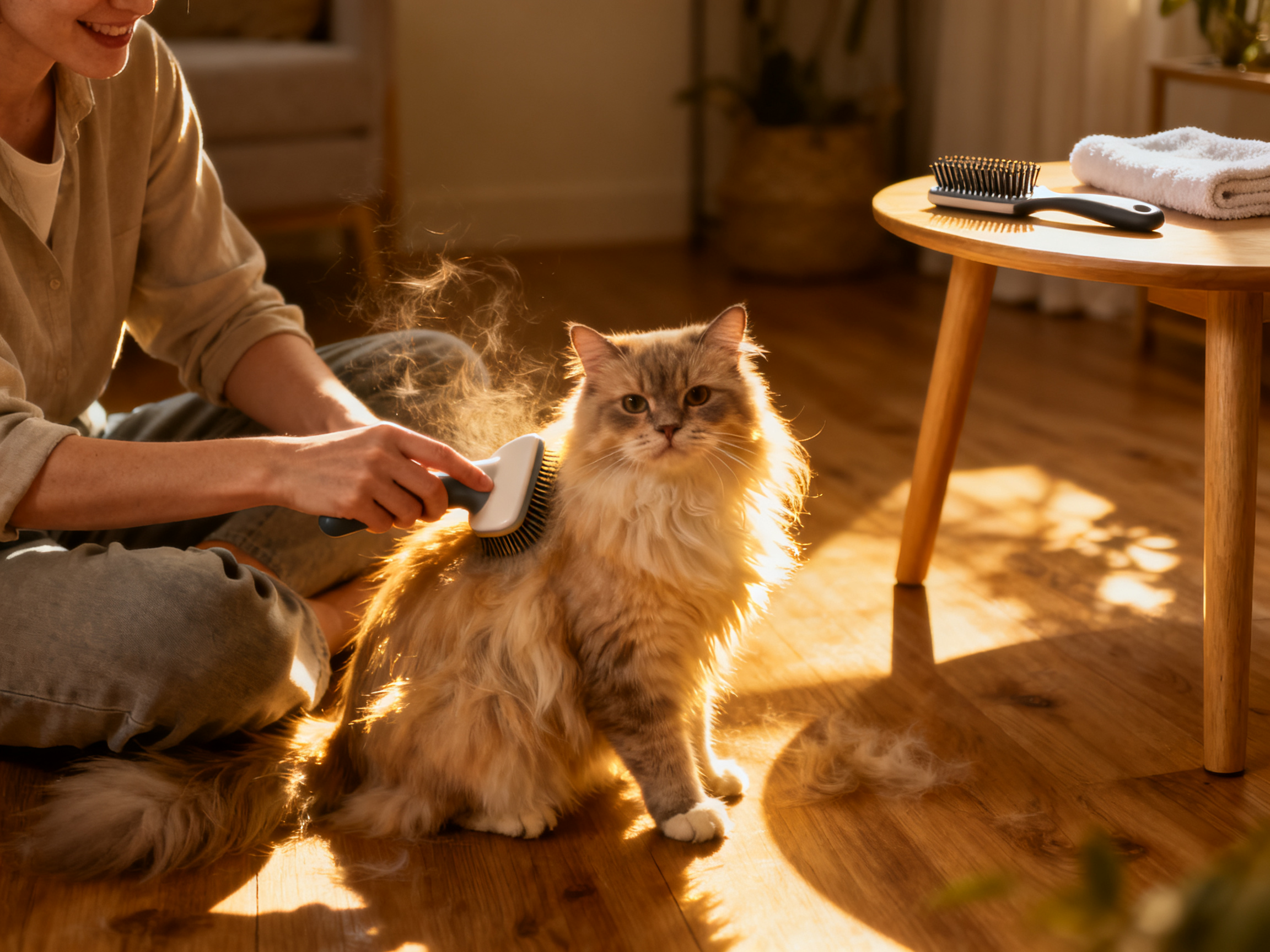主人用针梳温柔梳理长毛猫被毛——正确的工具和手法让梳毛成为人宠增进感情的时光