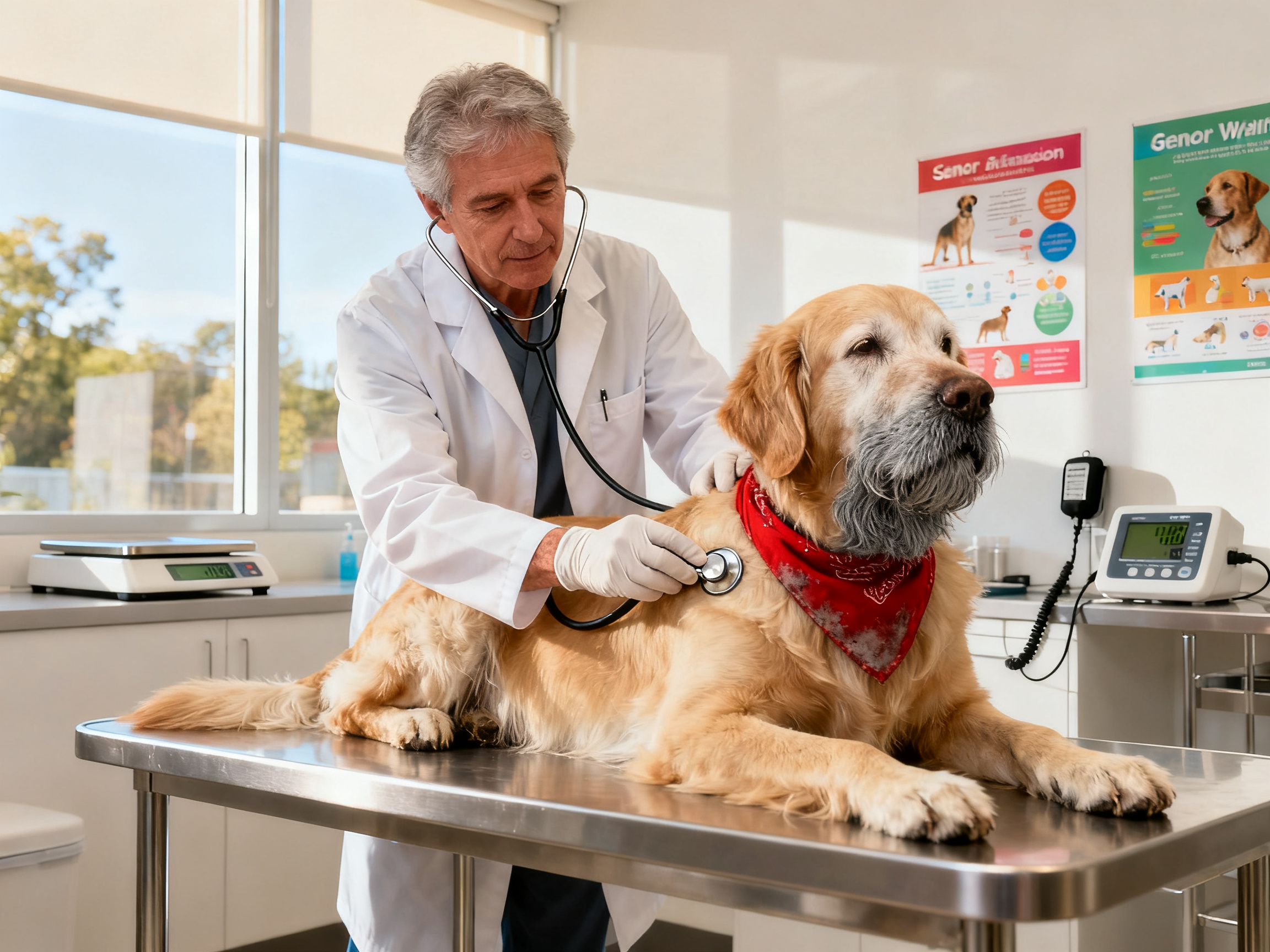 兽医为老年犬进行健康检查——老年期需更频繁的医疗关注