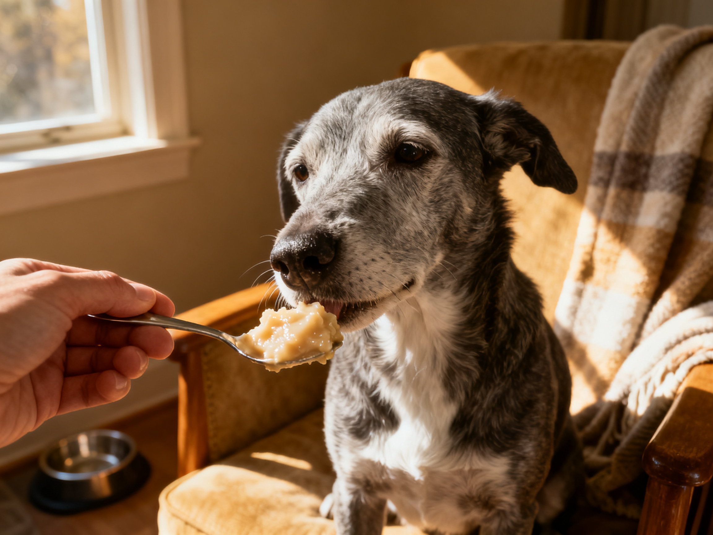主人轻柔喂食老年犬——用心陪伴是老年犬最需要的护理