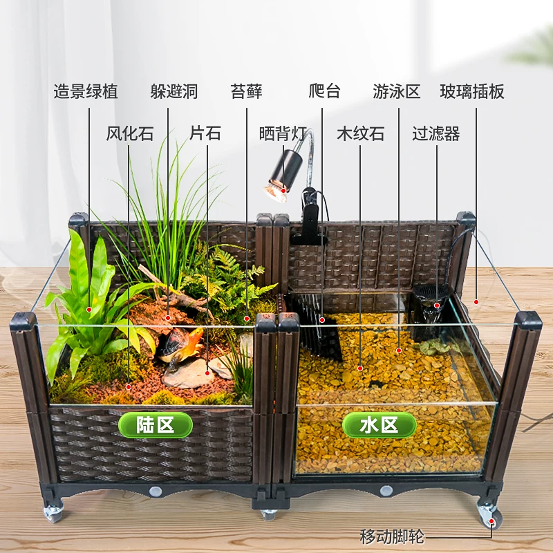 生态乌龟缸大型造景家用养龟黄缘专用玻璃饲养箱带晒台种植箱别墅细节展示图1