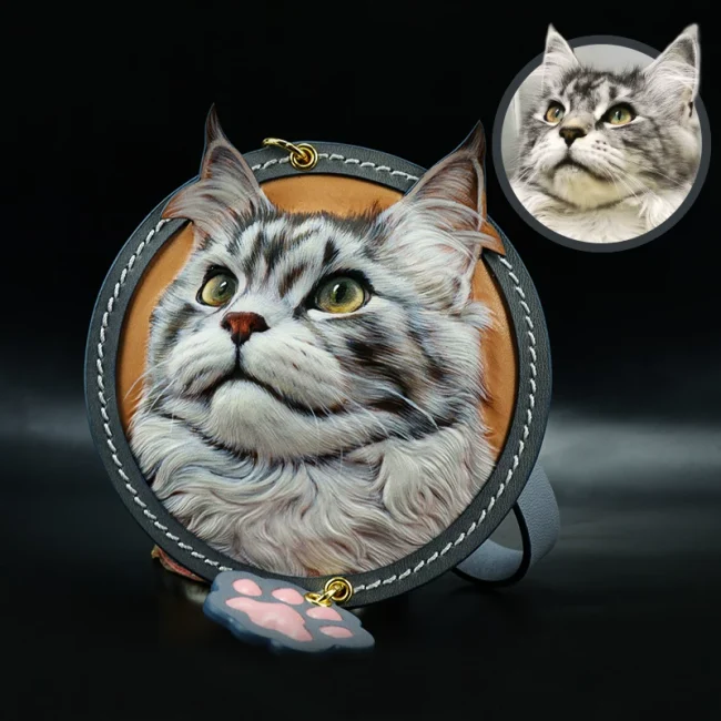 皮雕宠物纪念品芝汇皮雕缅因饰品猫狗挂牌钥匙扣纯手工真皮挂件