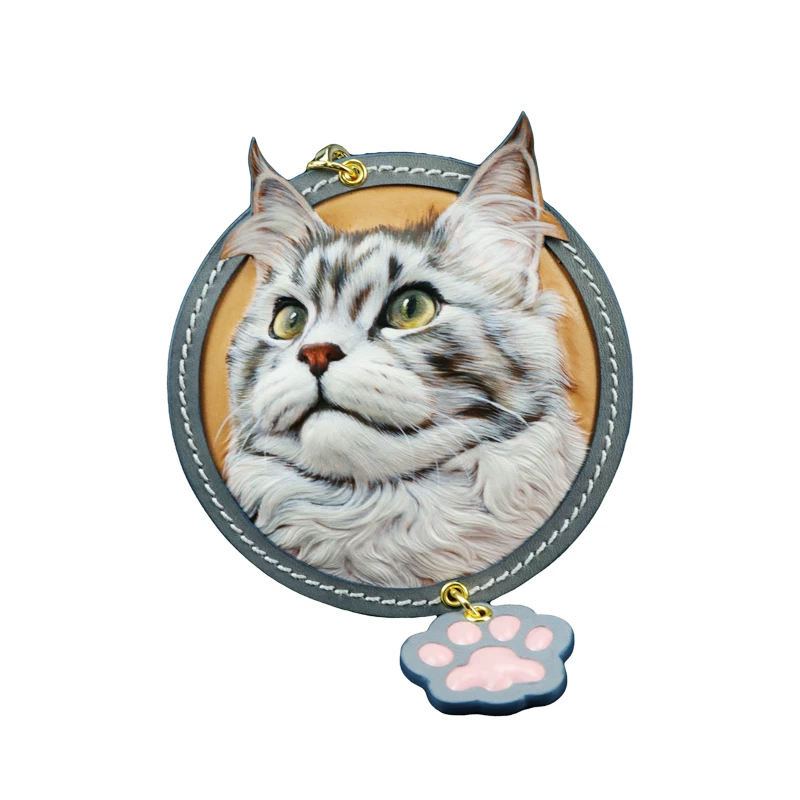 皮雕宠物纪念品芝汇皮雕缅因饰品猫狗挂牌钥匙扣纯手工真皮挂件细节展示图4