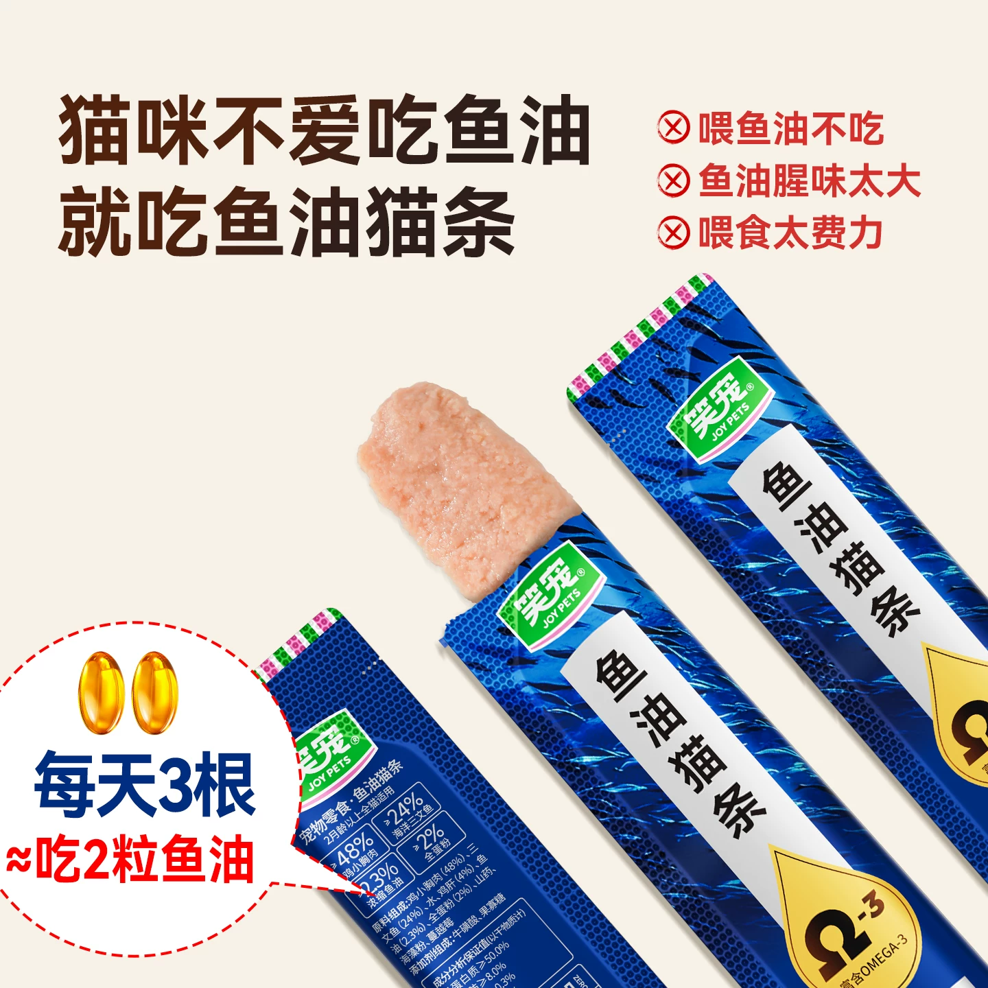 笑宠鱼油猫条猫咪零食防掉毛增肥发腮100支整箱官方旗舰店正品细节展示图2