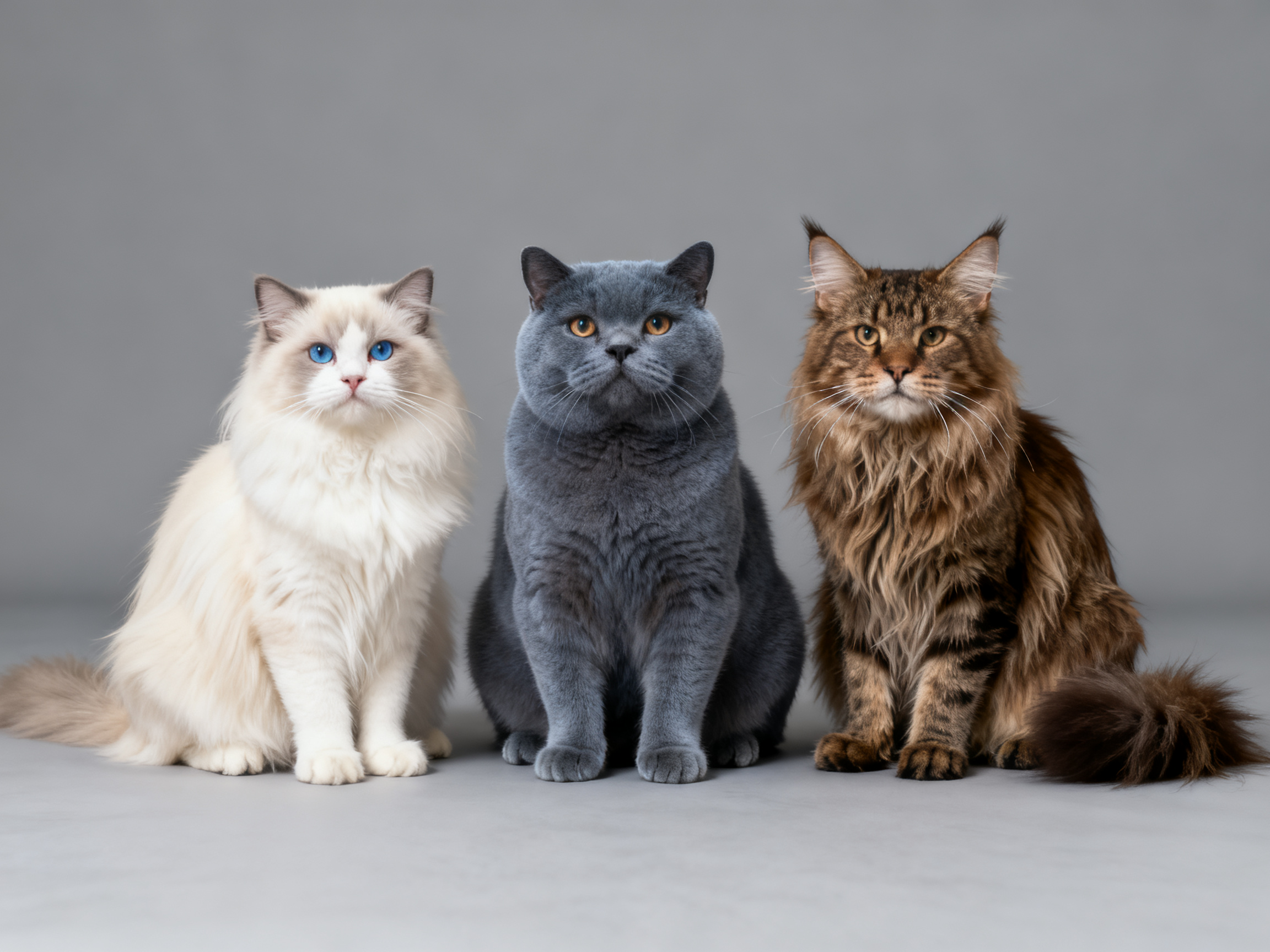 多种猫咪品种对比，布偶英短缅因猫