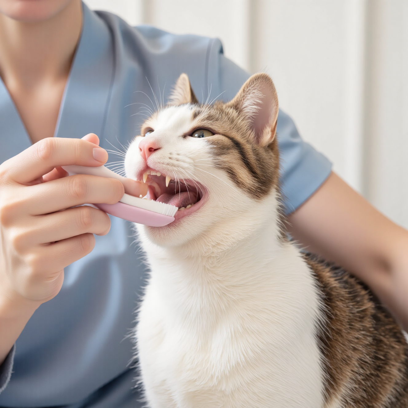 主人用指套牙刷给猫咪刷牙，猫咪口腔护理日常