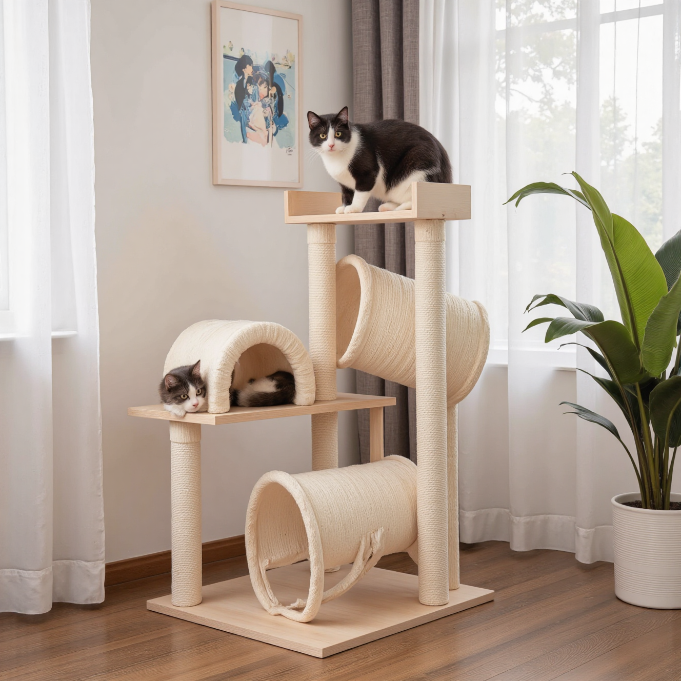 室内猫在多层猫树上玩耍探索，环境丰容布置