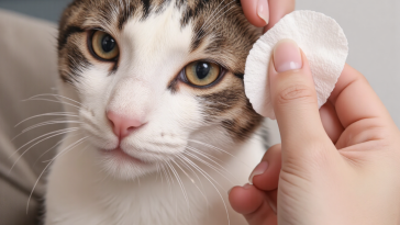 猫咪眼睛健康状态对比，正常棕色眼屎和黄绿色异常分泌物
