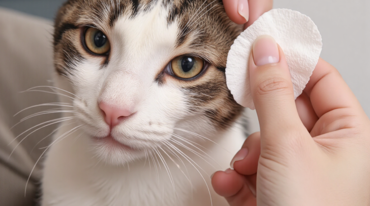 猫咪眼睛健康状态对比，正常棕色眼屎和黄绿色异常分泌物