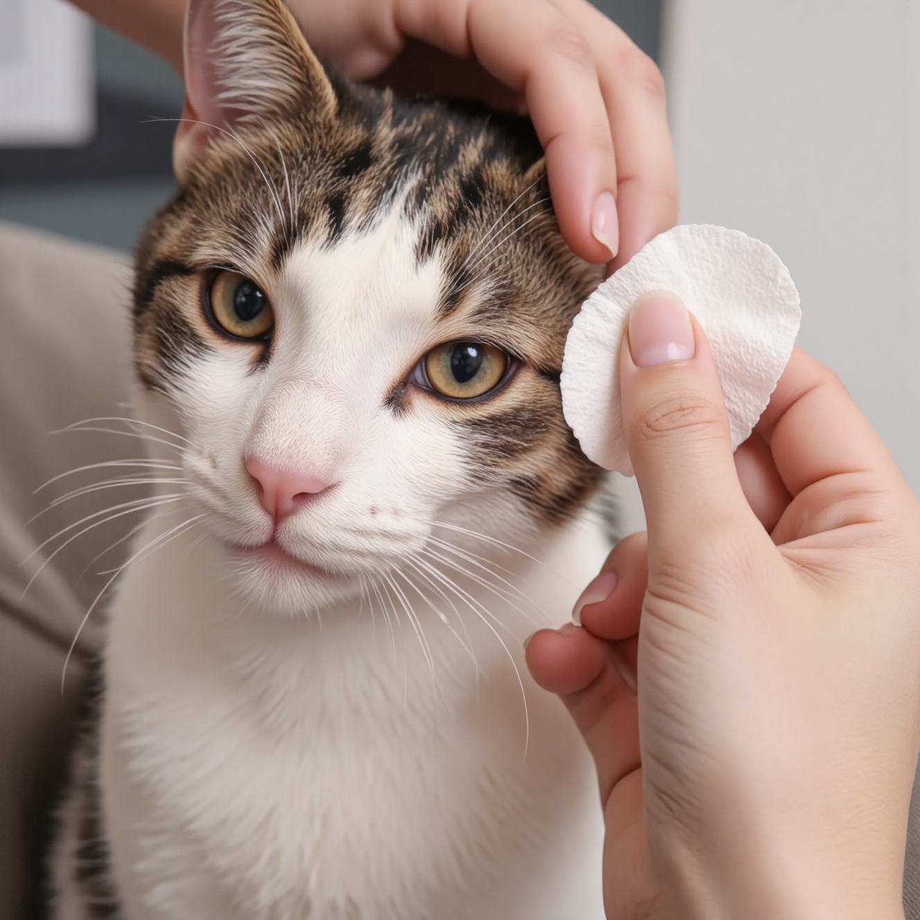 猫咪眼睛健康状态对比,正常棕色眼屎和黄绿色异常分泌物