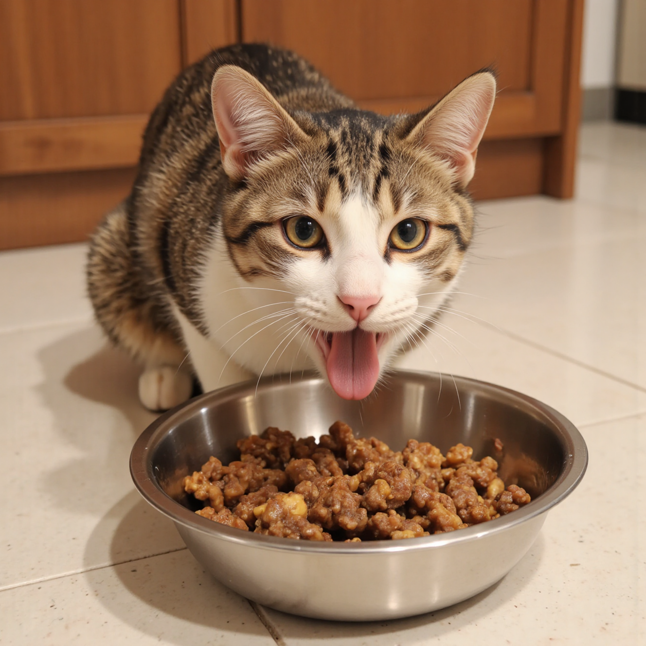猫咪进食优质猫粮,健康饮食和均衡营养餐食展示
