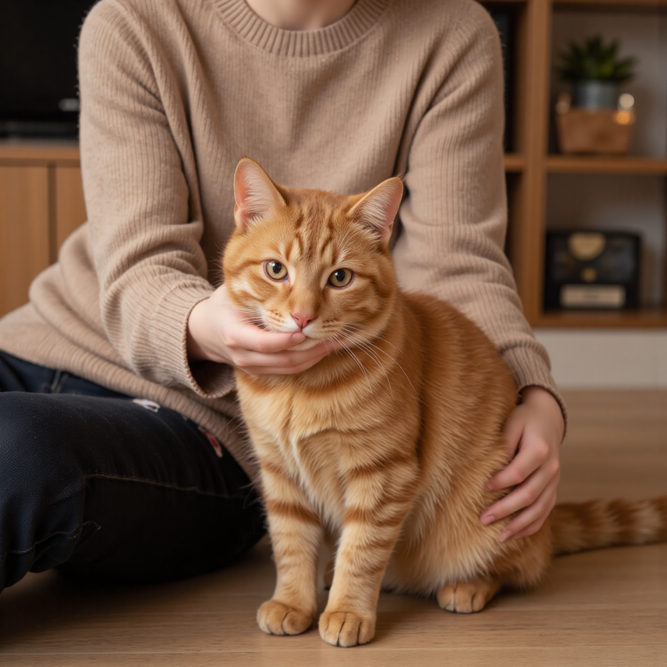 主人安抚发情期猫咪,轻柔按摩背部缓解焦躁