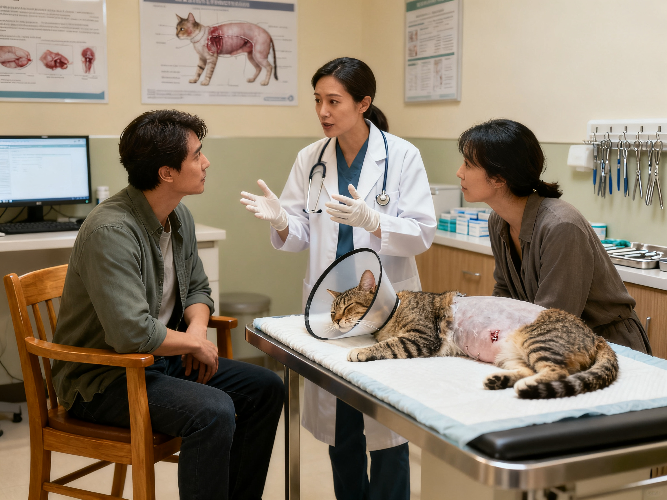 兽医为猫咪进行绝育手术后护理,猫咪佩戴伊丽莎白圈恢复