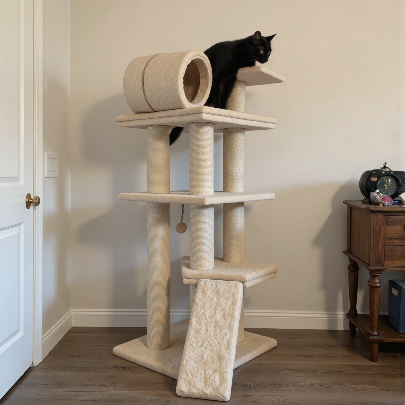 猫咪在宽敞猫爬架上玩耍探索，丰富室内环境