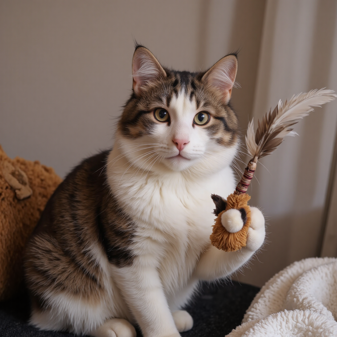 猫咪专注用羽毛逗猫棒互动玩耍，猫咪狩猎行为丰容