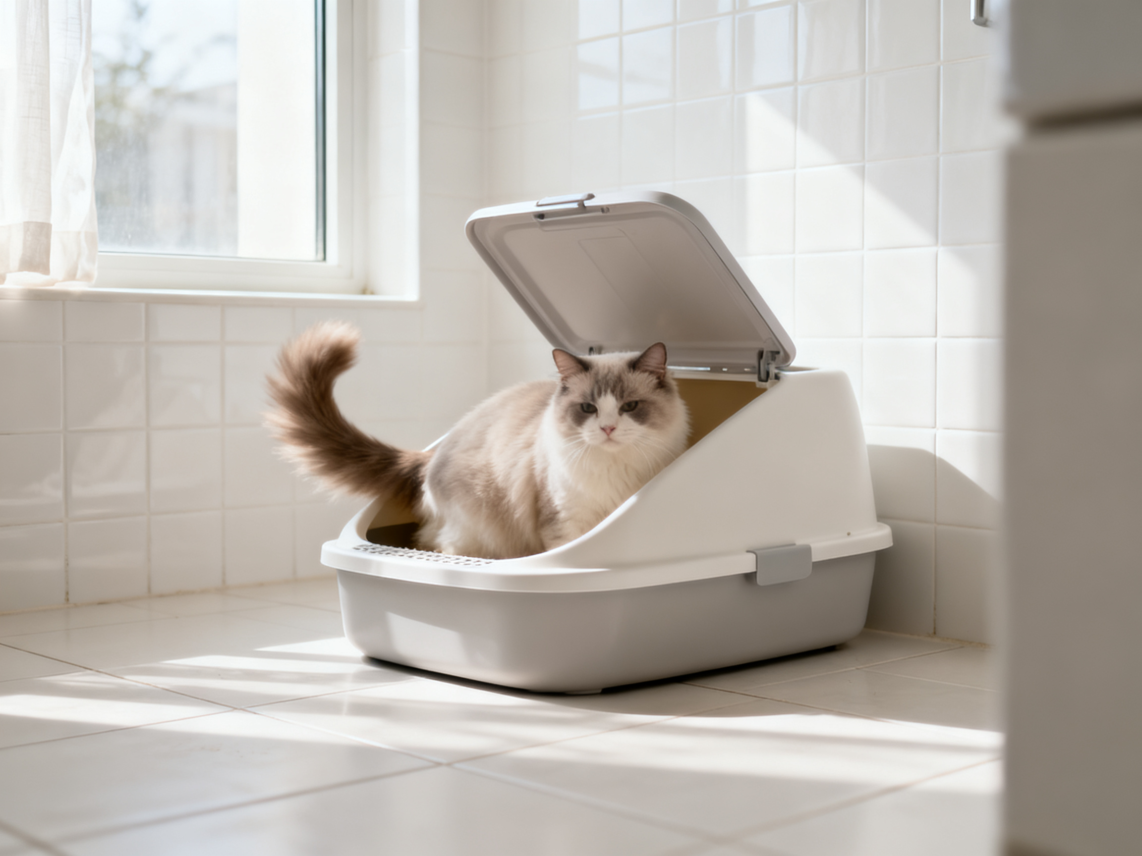 猫咪使用封闭式猫砂盆，干净整洁卫生间