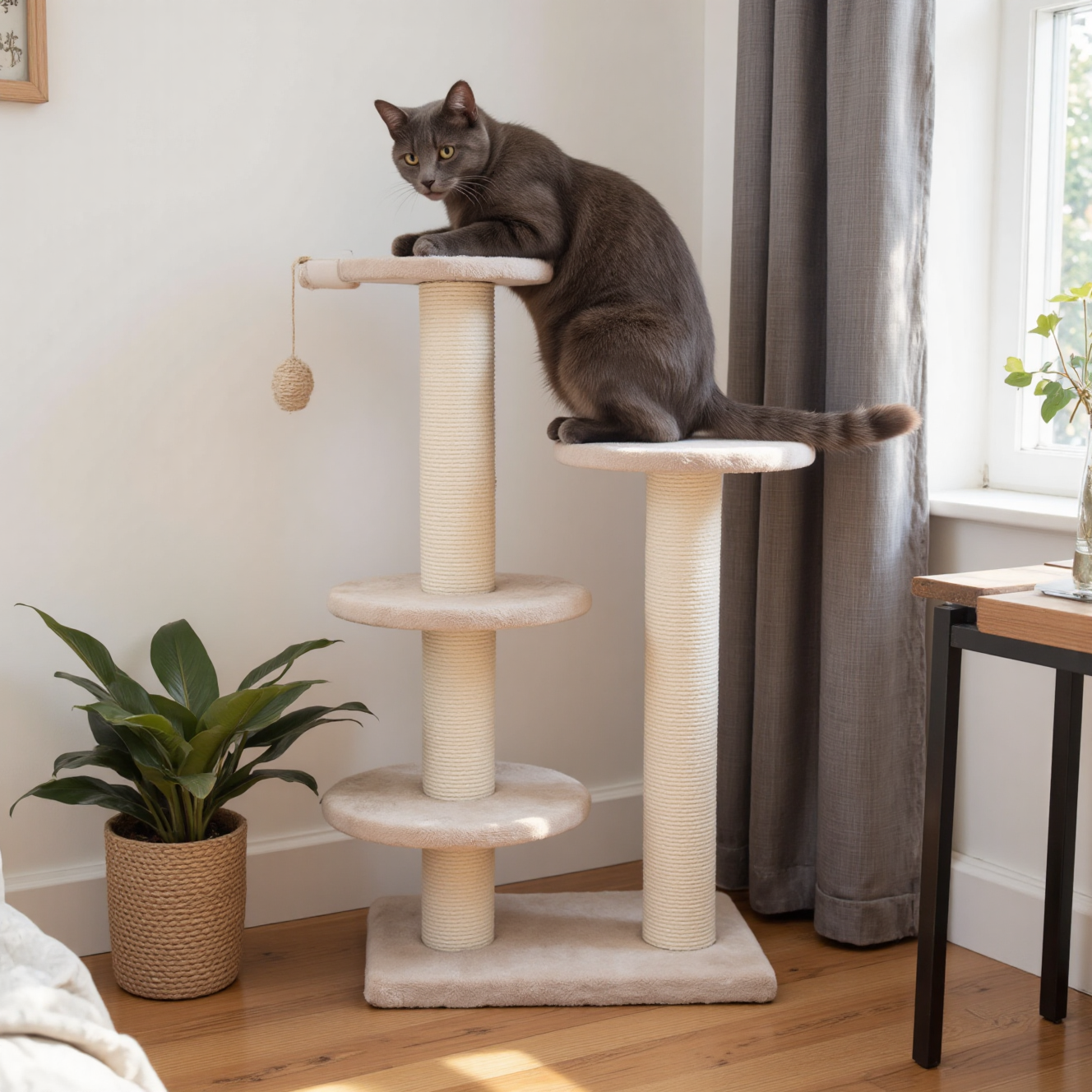 猫咪在高大剑麻猫抓柱上用力抓挠，满足感展示
