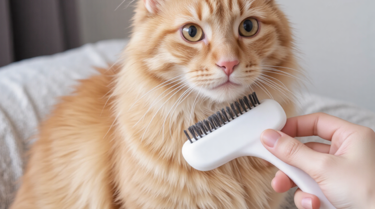 长毛猫换毛期大量脱毛，使用除毛梳梳理猫咪毛发