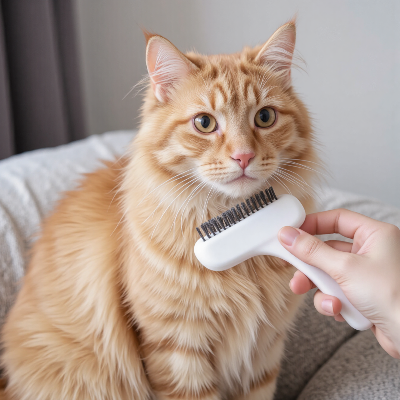 长毛猫换毛期大量脱毛，使用除毛梳梳理猫咪毛发