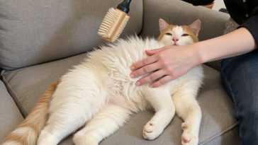 猫咪换毛季大量掉毛，主人使用脱毛梳工具梳理猫毛
