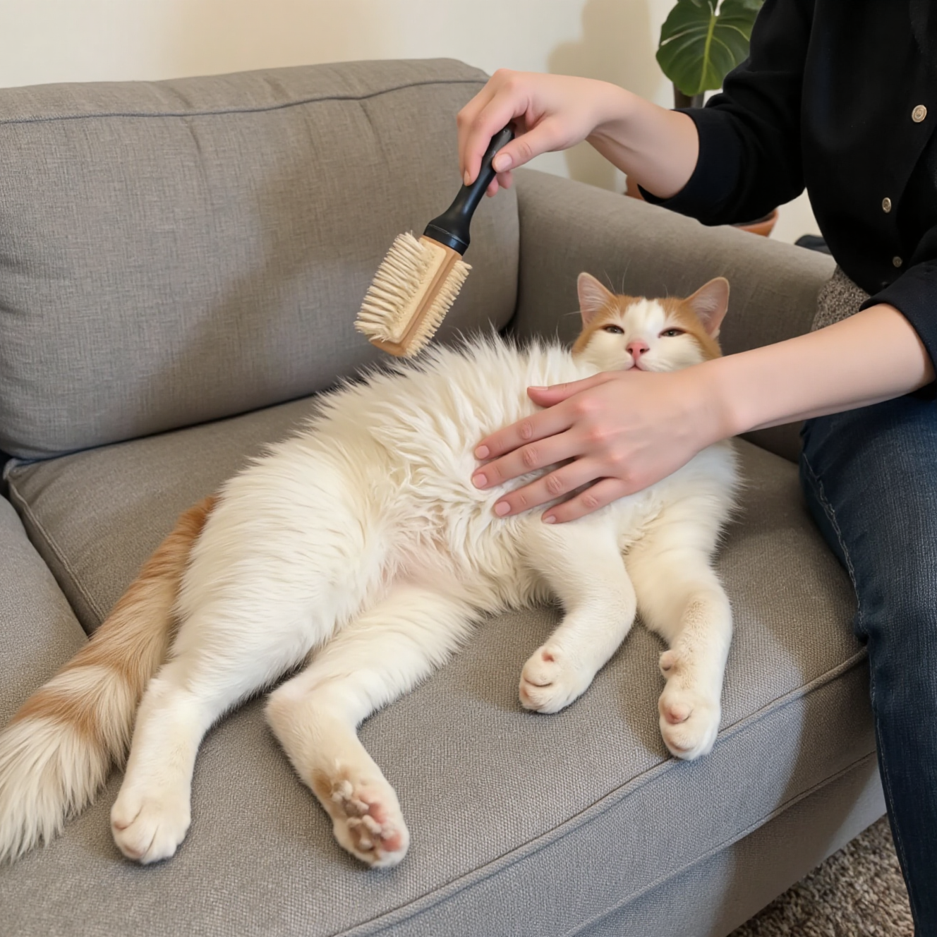 猫咪换毛季大量掉毛，主人使用脱毛梳工具梳理猫毛