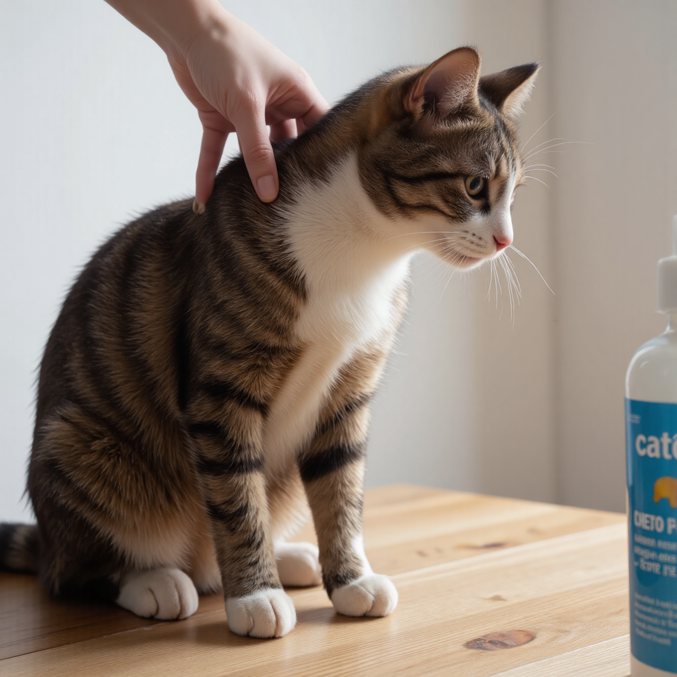 猫咪被毛光泽健康，omega-3鱼油补充剂和防毛球化毛膏产品展示