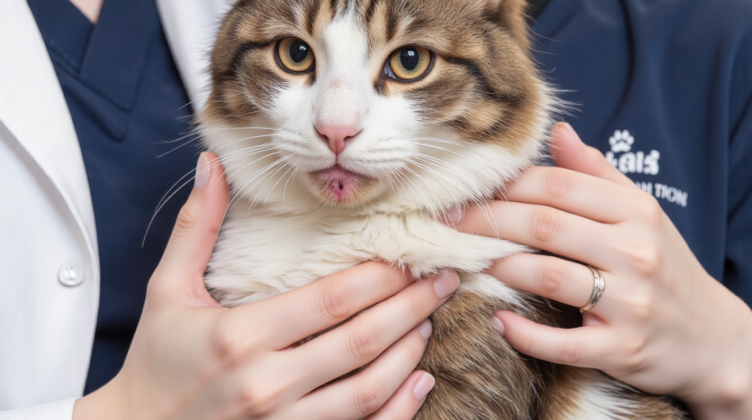兽医检查猫咪皮肤病变脱毛红肿，猫咪皮炎诊断