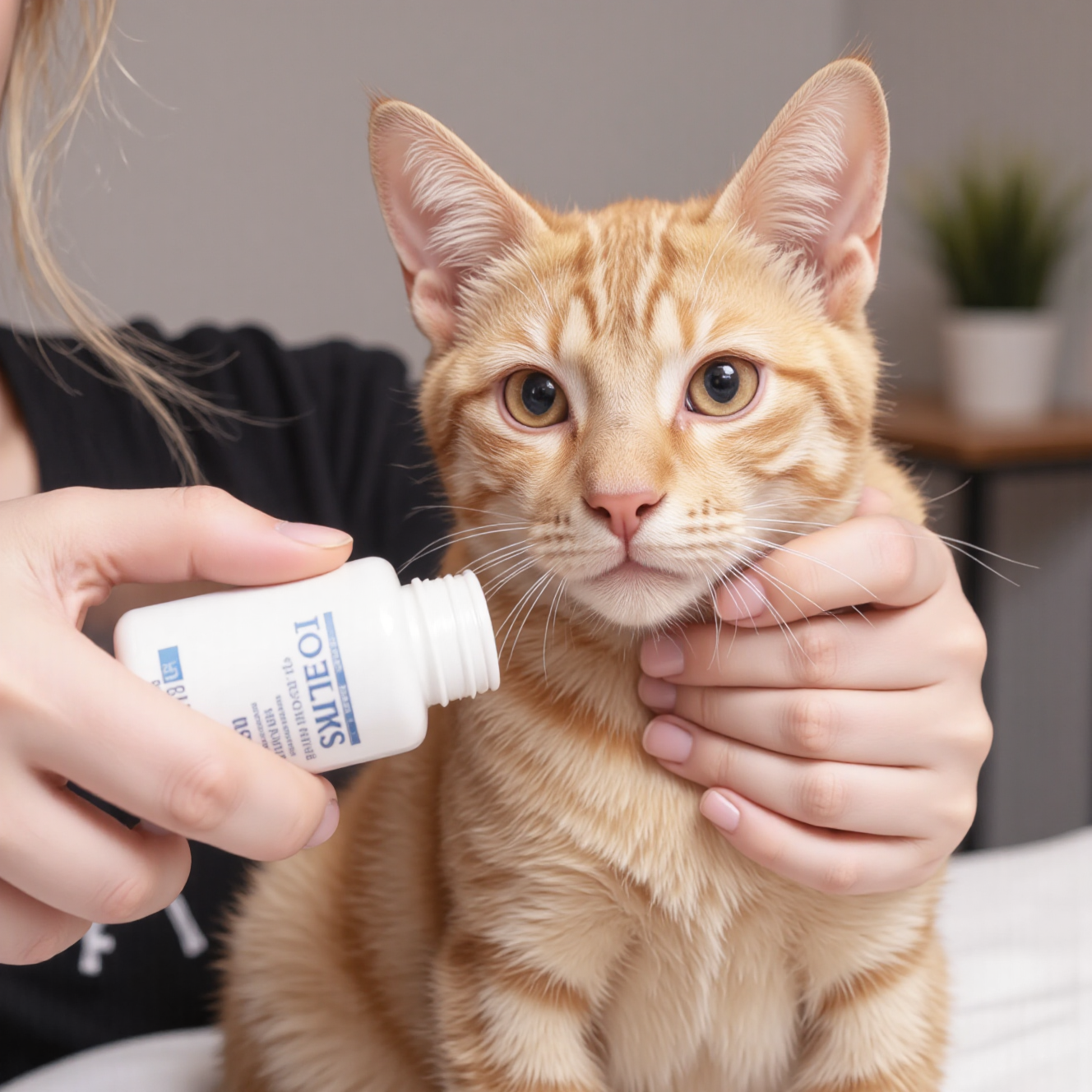 主人给猫咪皮肤病变处涂抹药膏，家庭皮肤护理处理